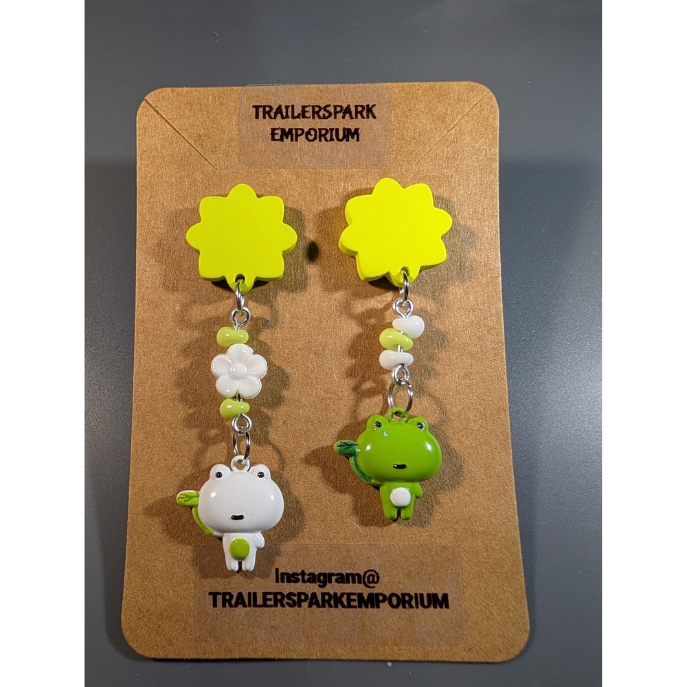 Trailerspark Emporium Frog Flower Drop Earrings Neon Yellow Green Nickel Free